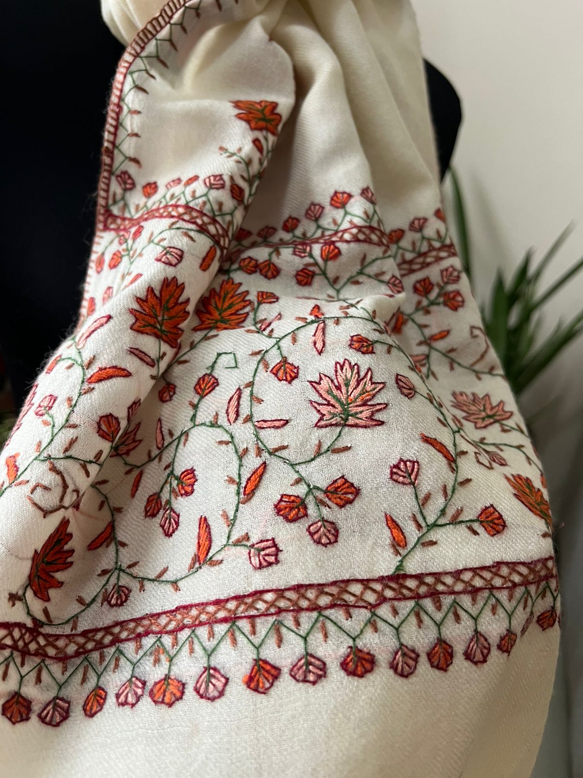 Beautiful Sozni Embroidered Handcrafted Woollen Stoles - Ivory White