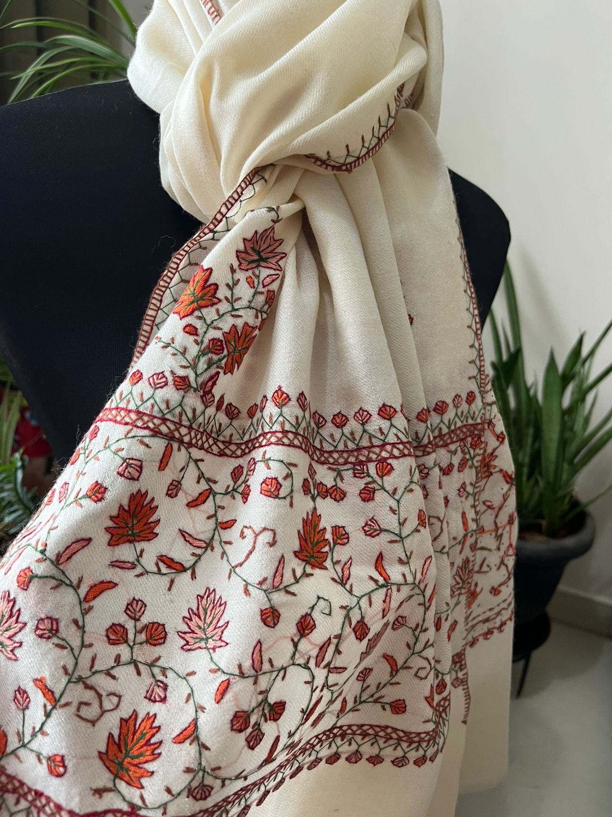 Beautiful Sozni Embroidered Handcrafted Woollen Stoles - Ivory White