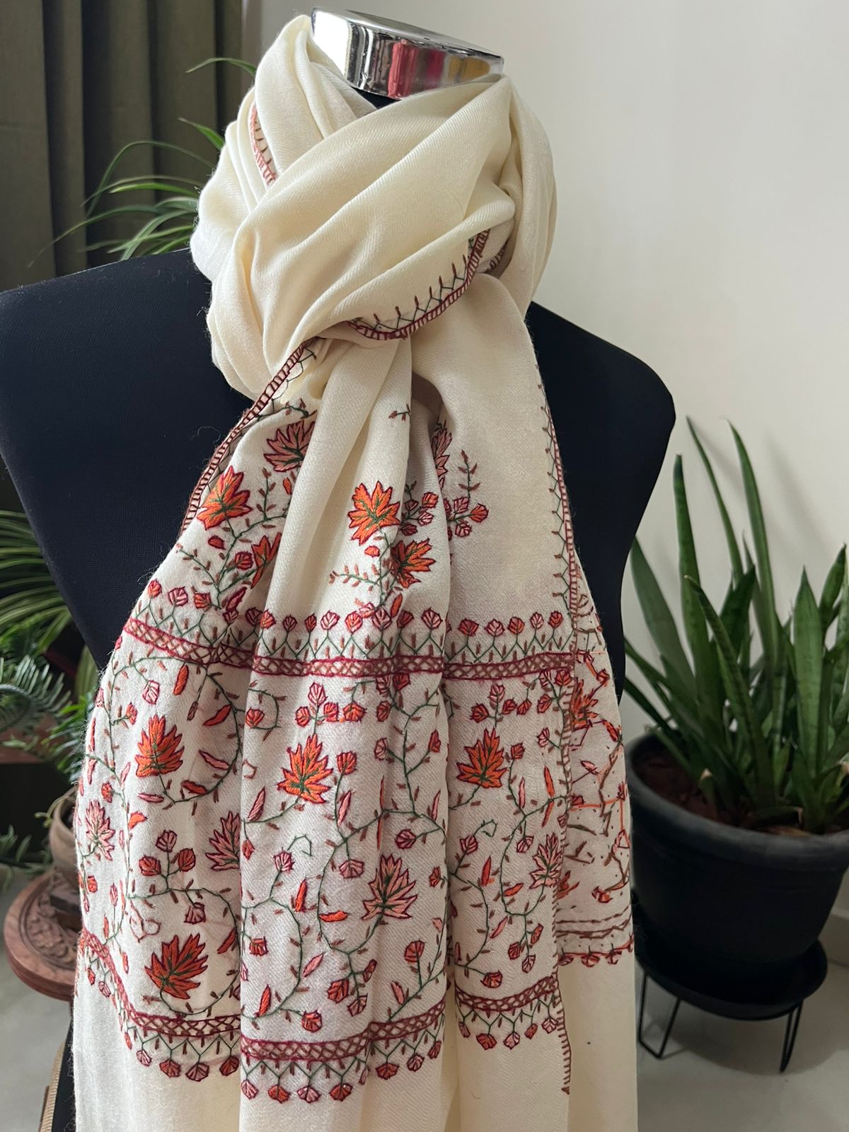 Beautiful Sozni Embroidered Handcrafted Woollen Stoles - Ivory White