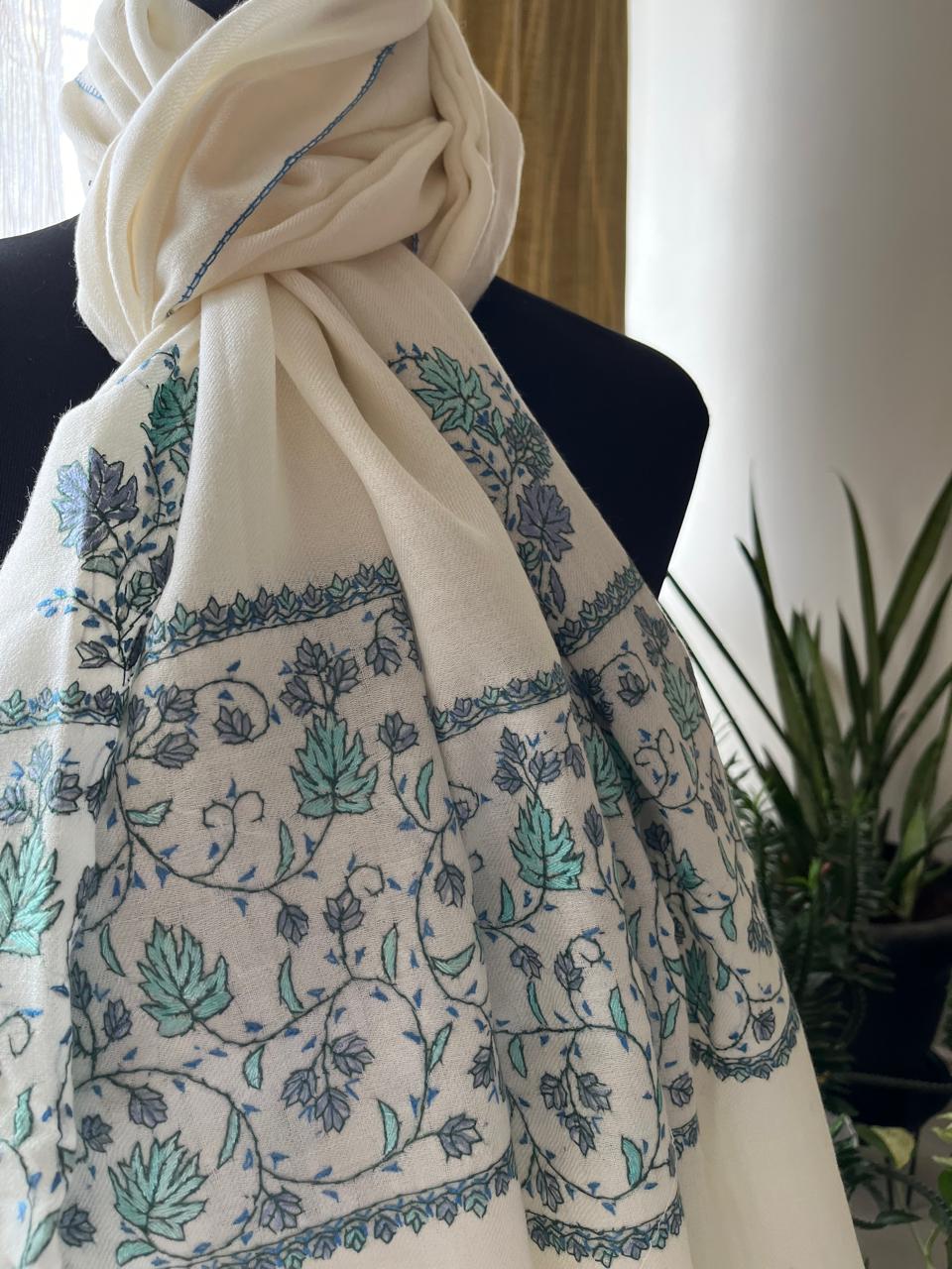 Beautiful Sozni Embroidered Handcrafted Woollen Stoles - White