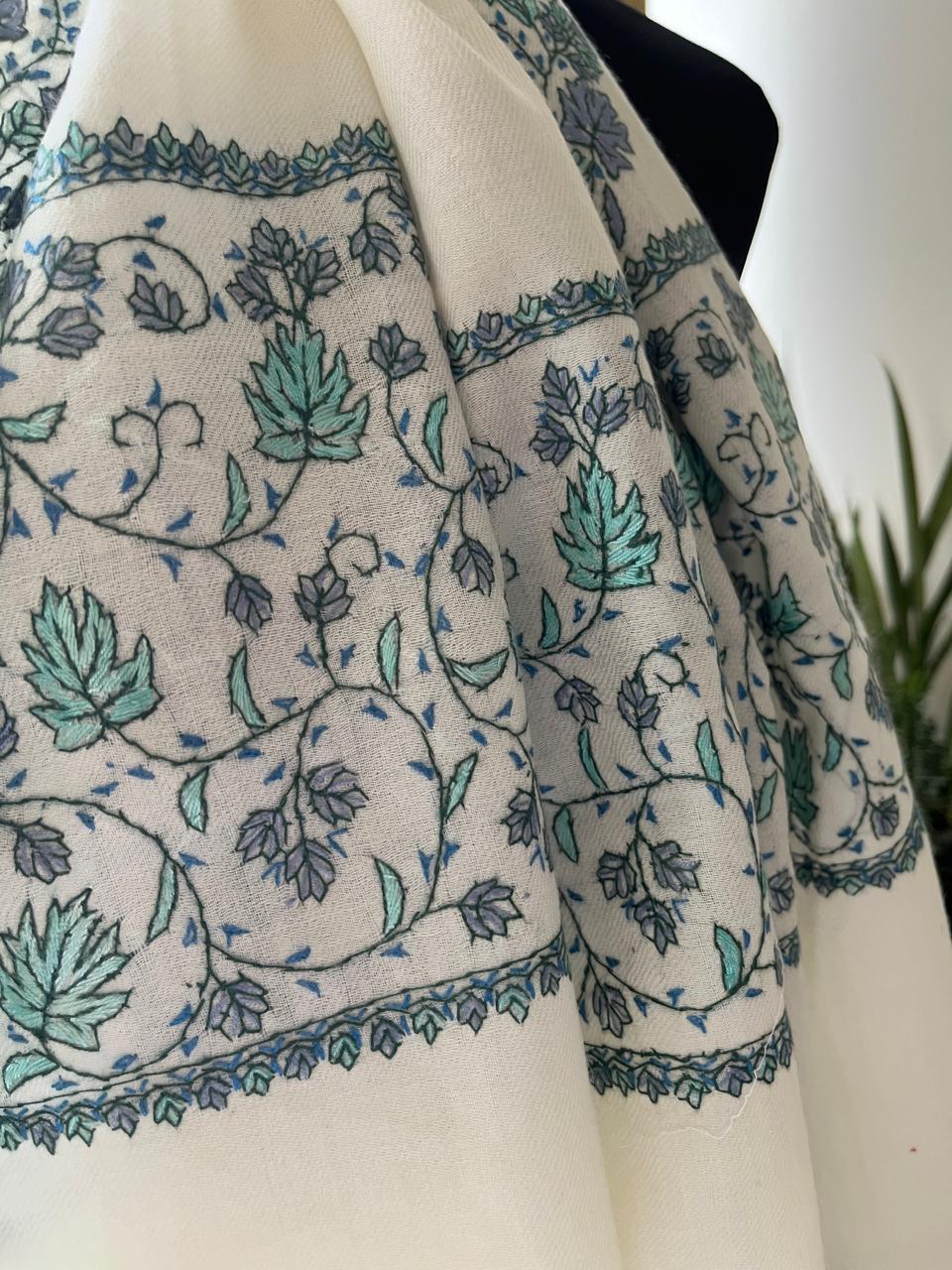 Beautiful Sozni Embroidered Handcrafted Woollen Stoles -  White