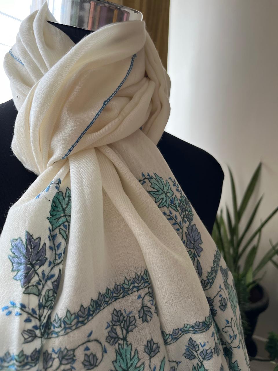 Beautiful Sozni Embroidered Handcrafted Woollen Stoles - White