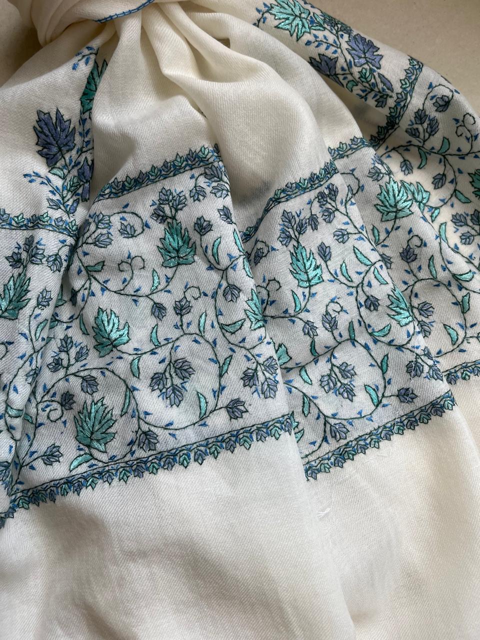 Beautiful Sozni Embroidered Handcrafted Woollen Stoles - White