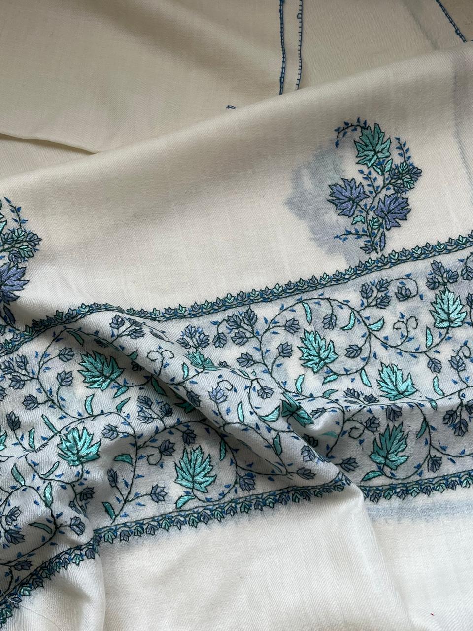 Beautiful Sozni Embroidered Handcrafted Woollen Stoles - White