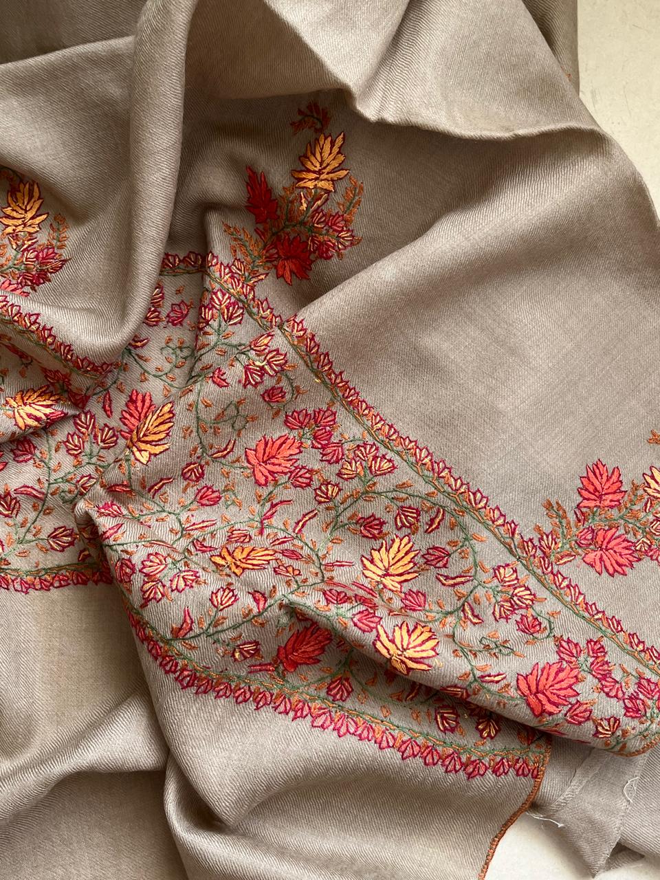 Beautiful Sozni Embroidered Handcrafted Woollen Stoles - Greyish Taupe