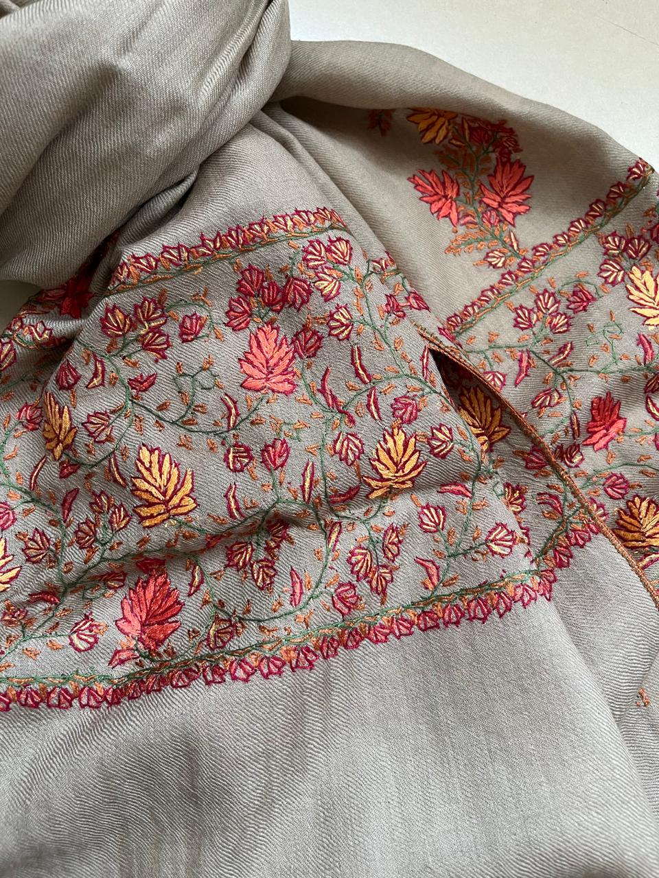 Beautiful Sozni Embroidered Handcrafted Woollen Stoles - Greyish Taupe