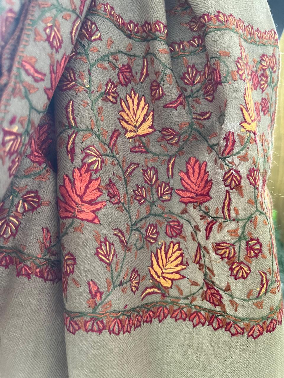 Beautiful Sozni Embroidered Handcrafted Woollen Stoles - Greyish Taupe