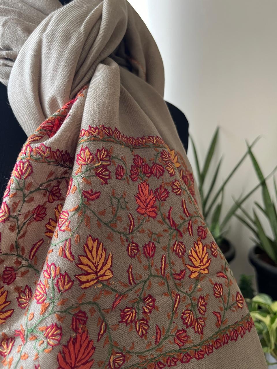 Beautiful Sozni Embroidered Handcrafted Woollen Stoles - Greyish Taupe