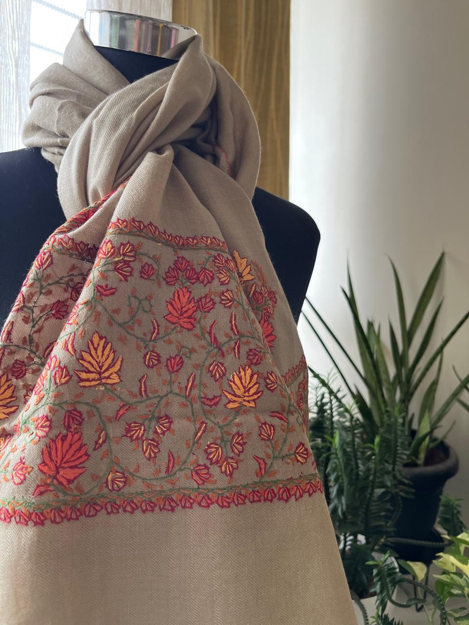 Beautiful Sozni Embroidered Handcrafted Woollen Stoles - Greyish Taupe