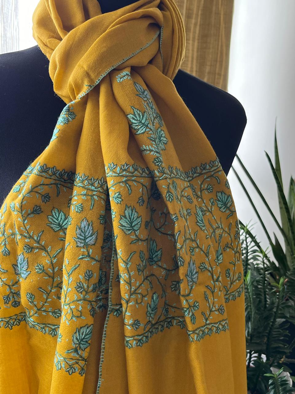 Beautiful Sozni Embroidered Handcrafted Woollen Stoles - Mustard Yellow