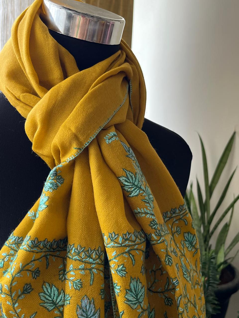 Beautiful Sozni Embroidered Handcrafted Woollen Stoles - Mustard Yellow