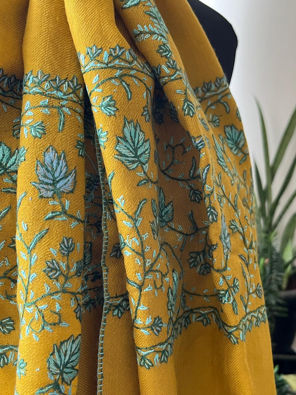 Beautiful Sozni Embroidered Handcrafted Woollen Stoles - Mustard Yellow