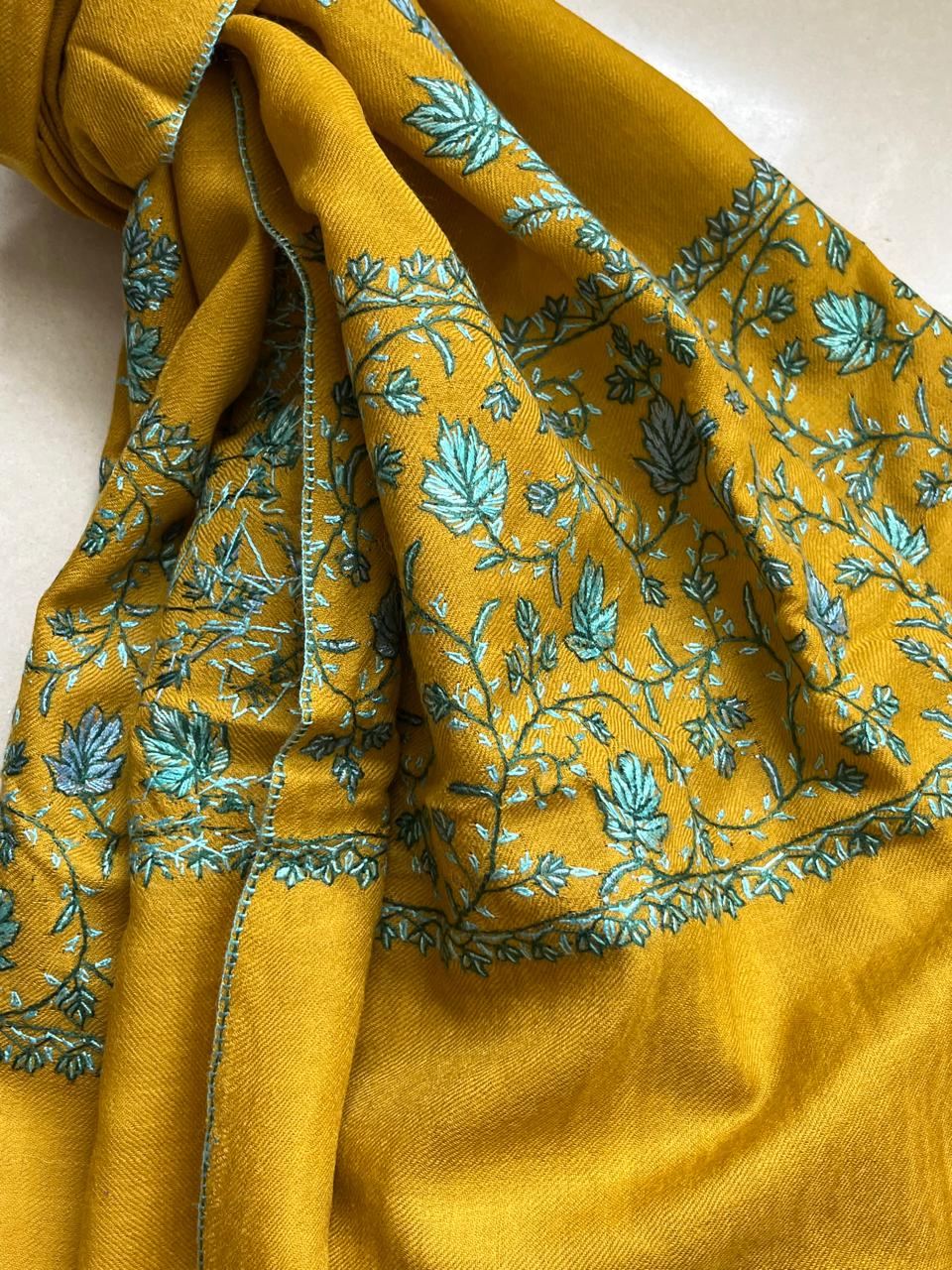 Beautiful Sozni Embroidered Handcrafted Woollen Stoles - Mustard Yellow