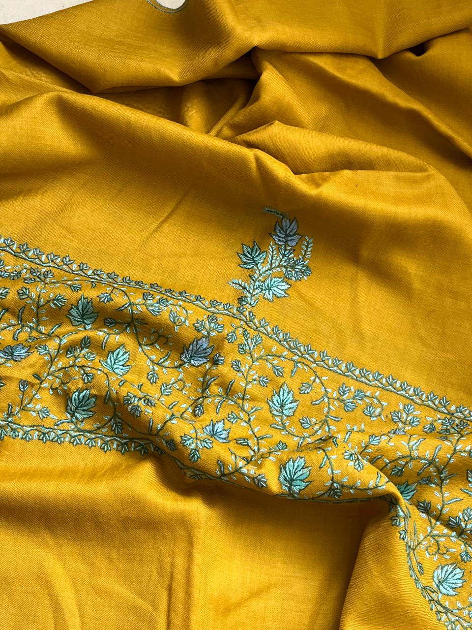 Beautiful Sozni Embroidered Handcrafted Woollen Stoles - Mustard Yellow