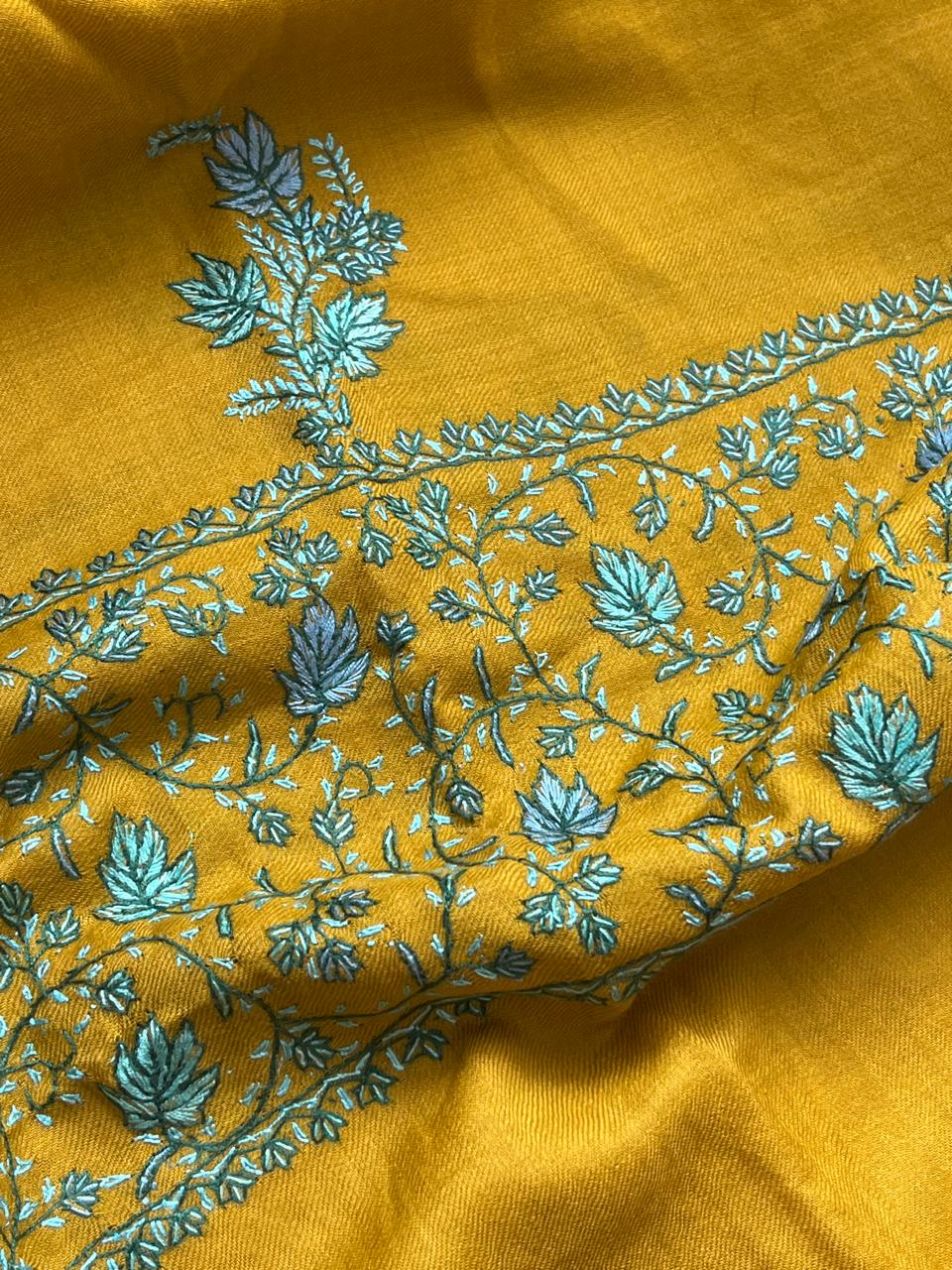 Beautiful Sozni Embroidered Handcrafted Woollen Stoles - Mustard Yellow