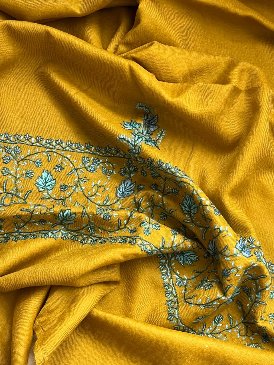 Beautiful Sozni Embroidered Handcrafted Woollen Stoles - Mustard Yellow