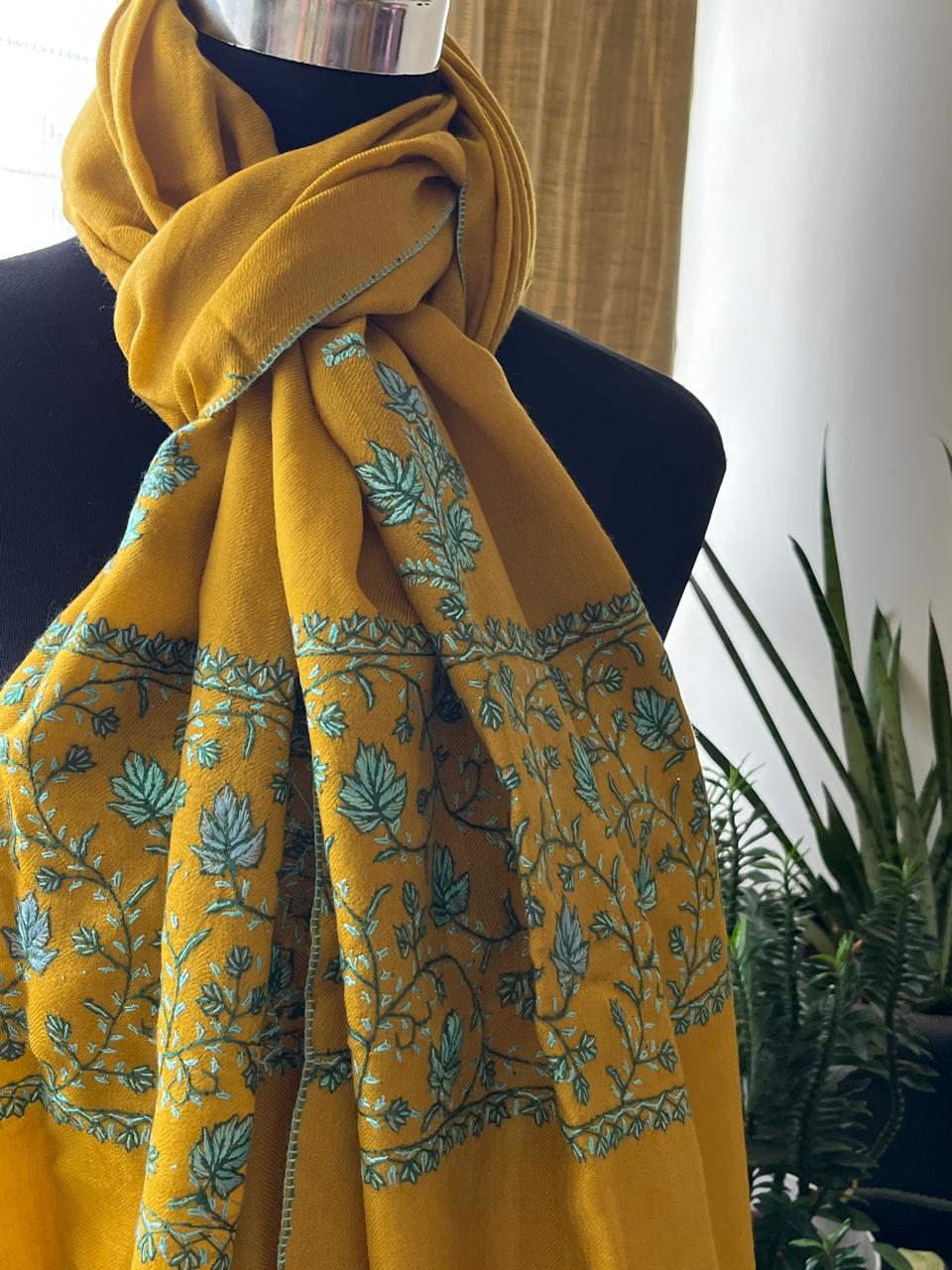 Beautiful Sozni Embroidered Handcrafted Woollen Stoles - Mustard Yellow