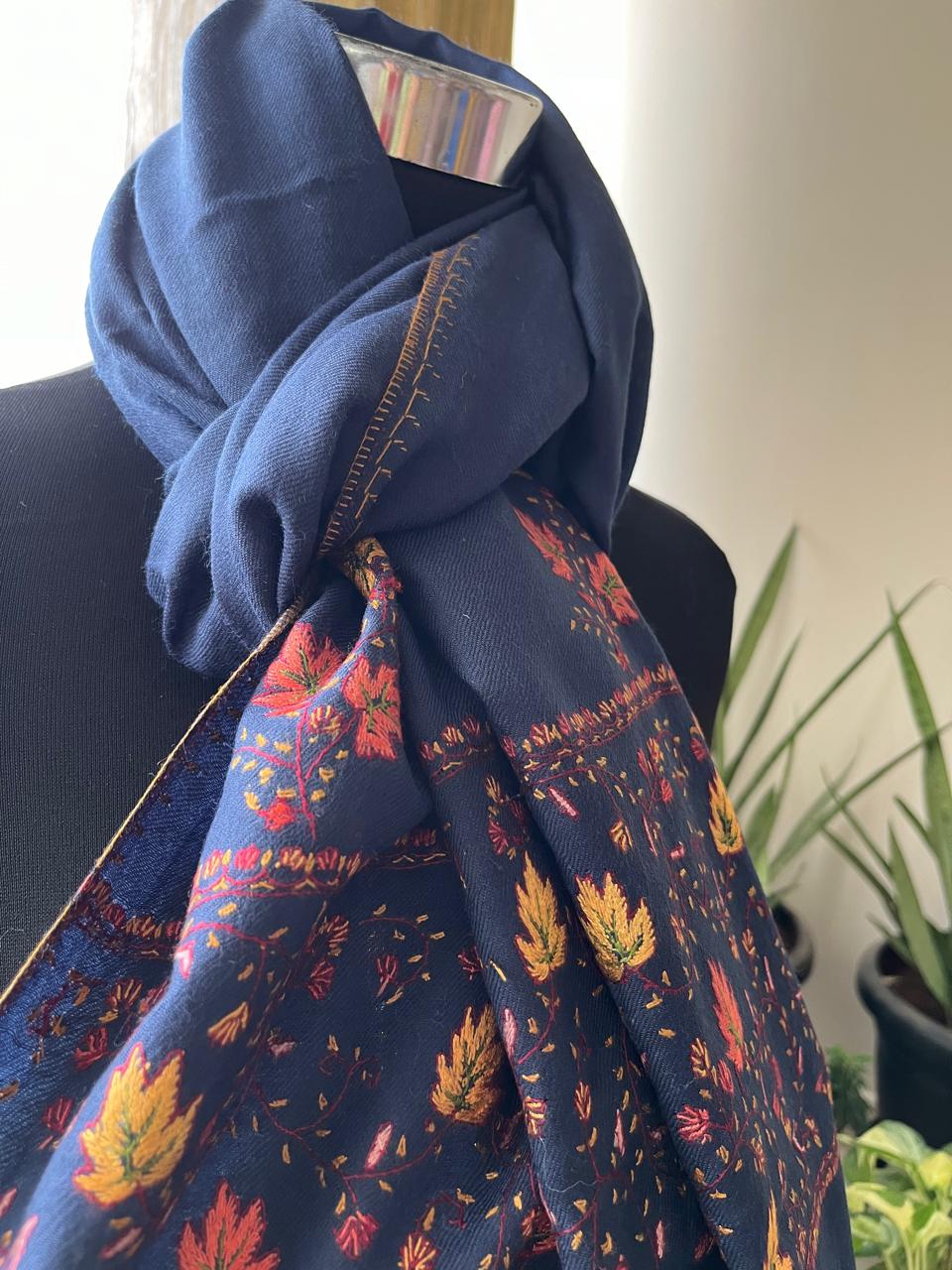 Beautiful Sozni Embroidered Handcrafted Woollen Stoles - Navy Blue