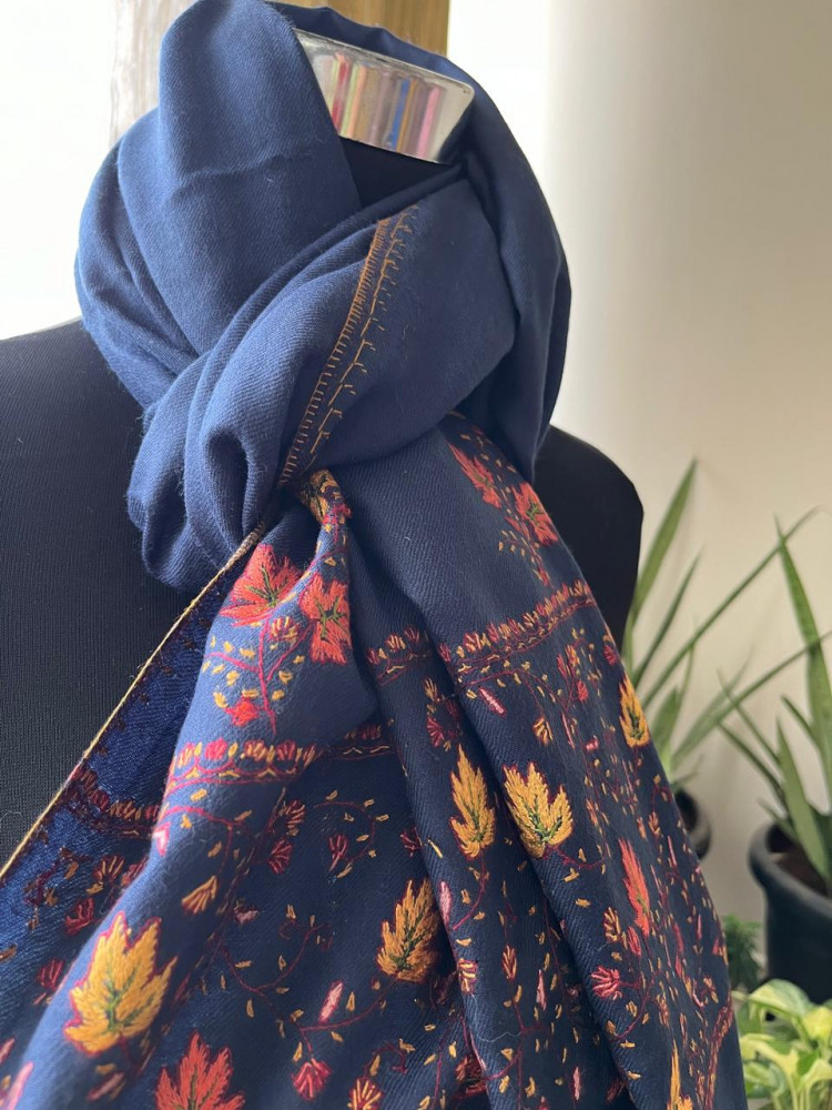 Image of Beautiful Sozni Embroidered Handcrafted Woollen Stoles - Navy Blue
