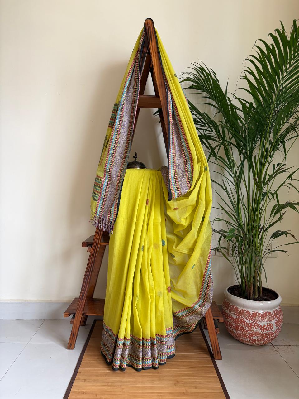 Handwoven Pure Bengal Cotton Baluchari Saree Lime Yellow