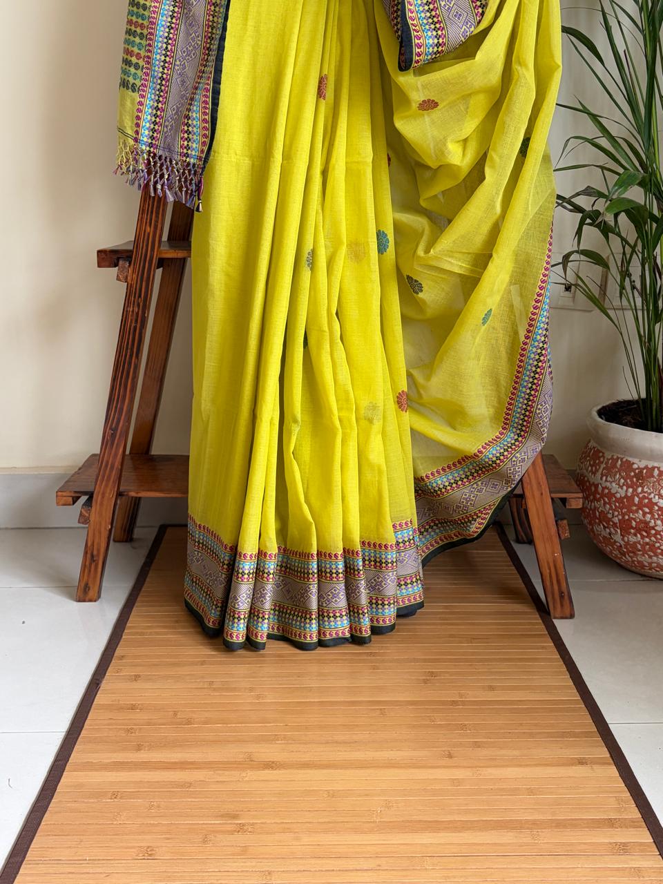 Handwoven Pure Bengal Cotton Baluchari Saree Lime Yellow