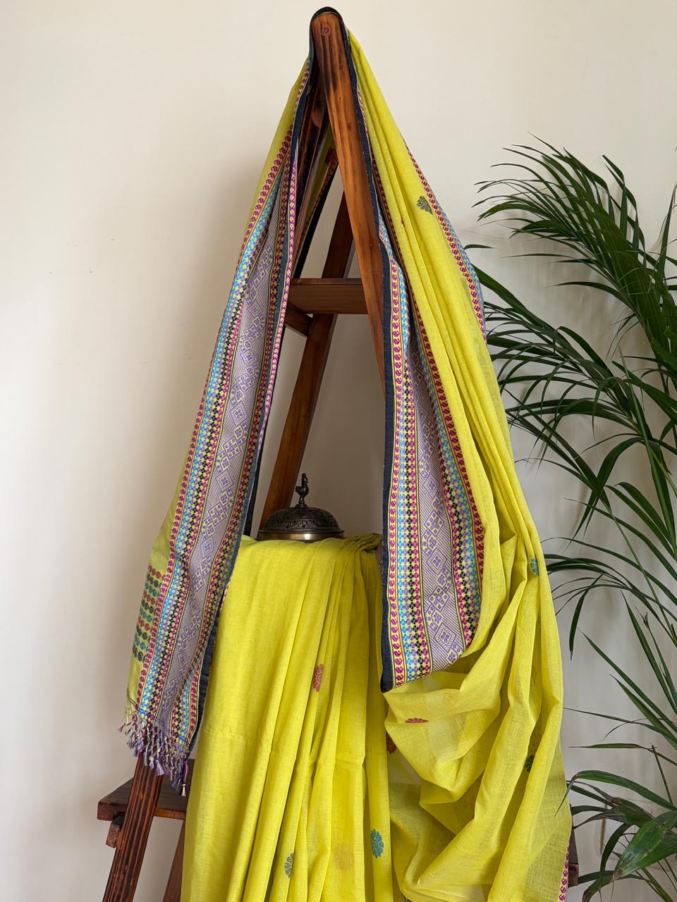Handwoven Pure Bengal Cotton Baluchari Saree Lime Yellow