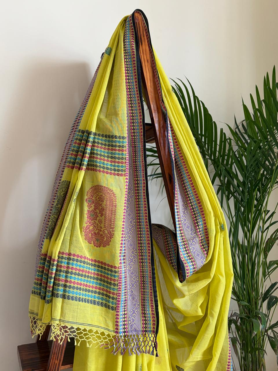 Handwoven Pure Bengal Cotton Baluchari Saree Lime Yellow