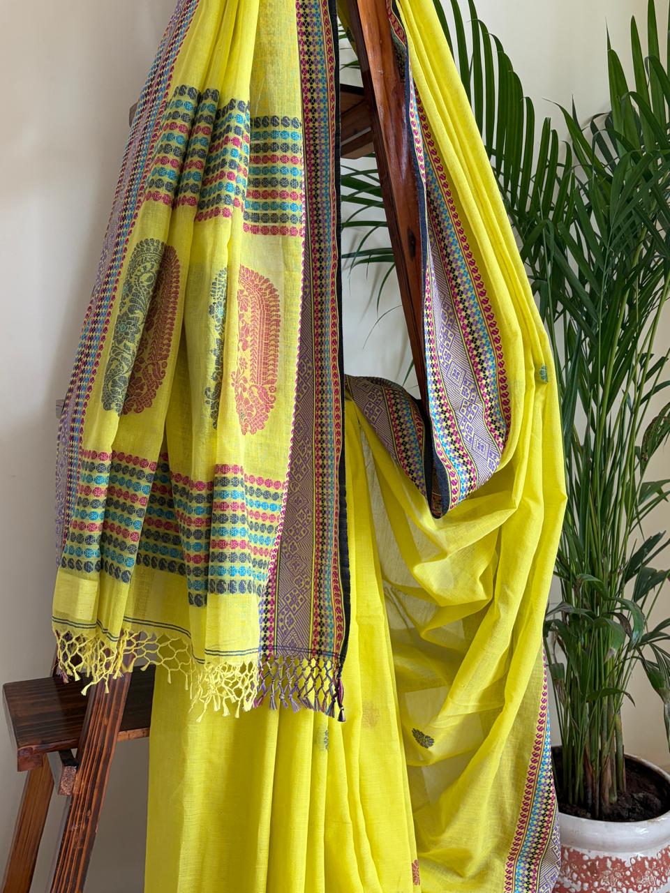 Handwoven Pure Bengal Cotton Baluchari Saree Lime Yellow