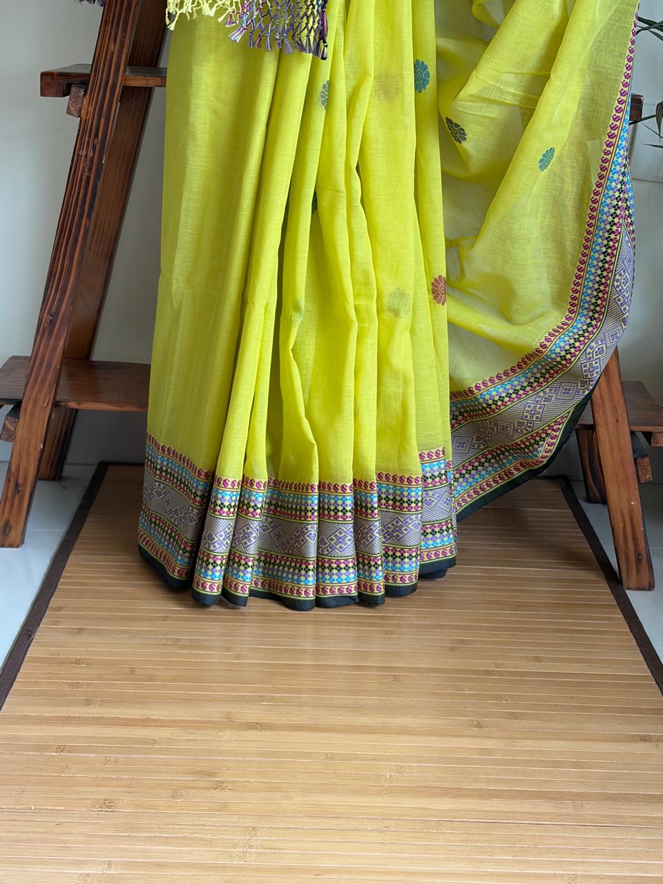Handwoven Pure Bengal Cotton Baluchari Saree Lime Yellow