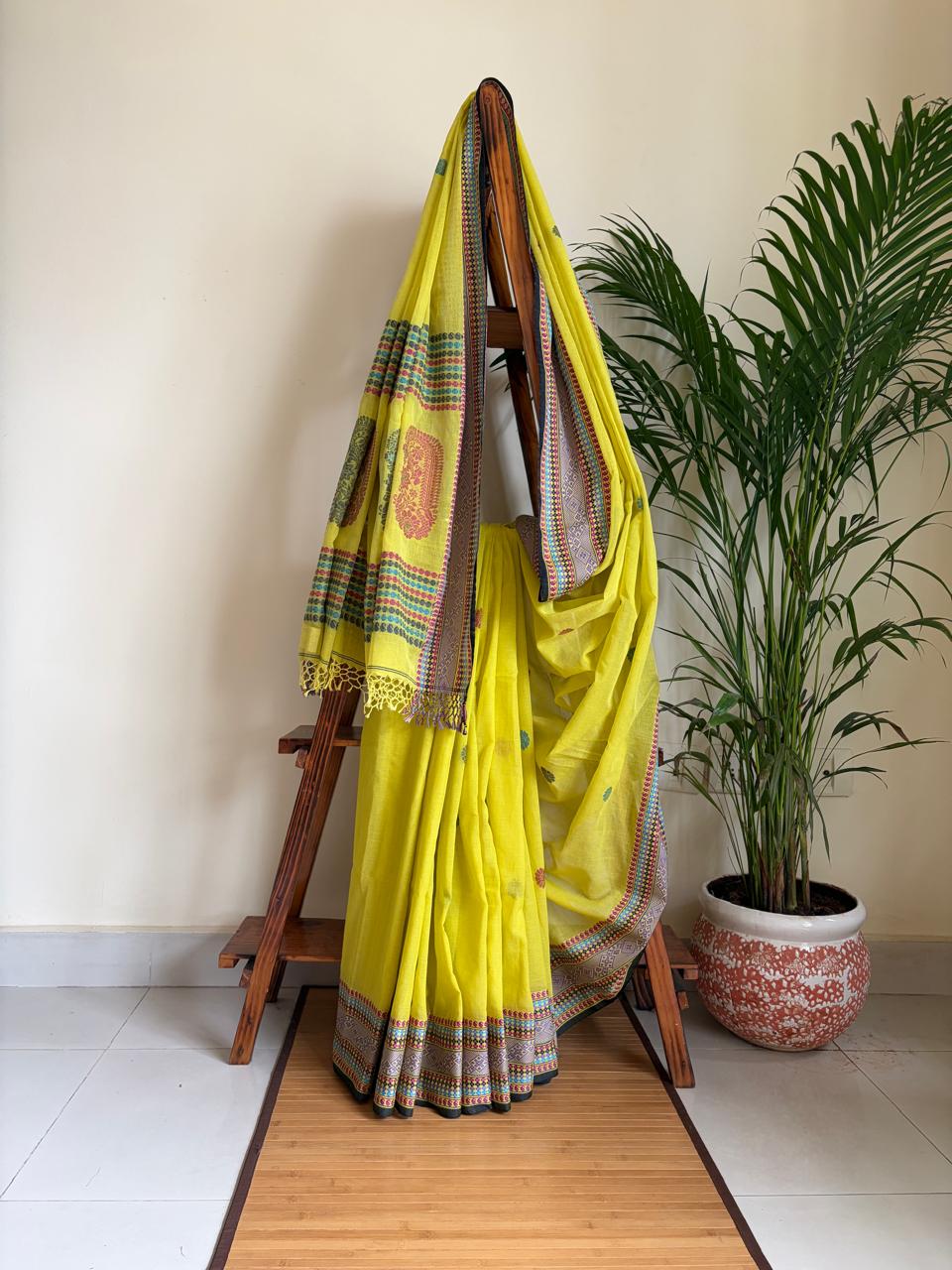 Handwoven Pure Bengal Cotton Baluchari Saree Lime Yellow