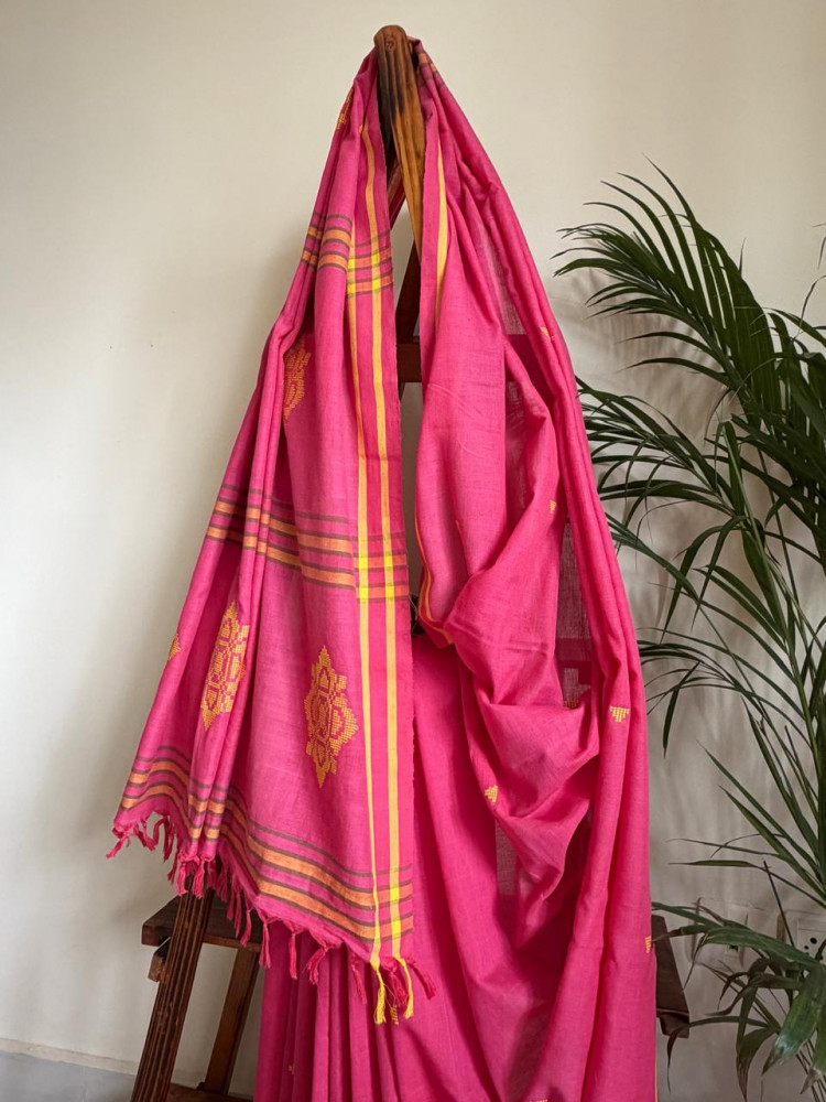 Image of 100% Pure Cotton Handloom Saree with woven buttis - Pink