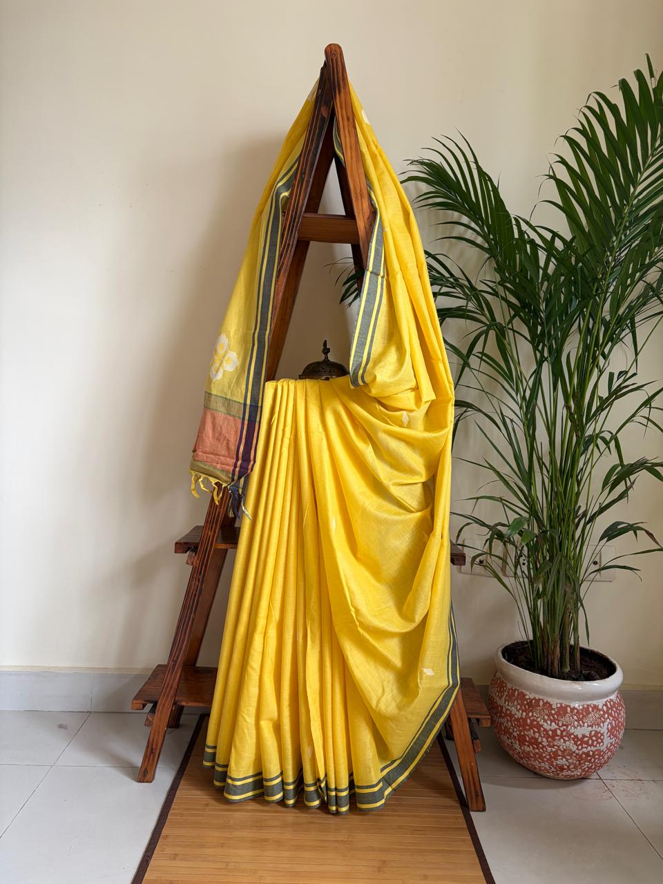 100 Pure Cotton Handloom Saree with woven buttis - Yellow