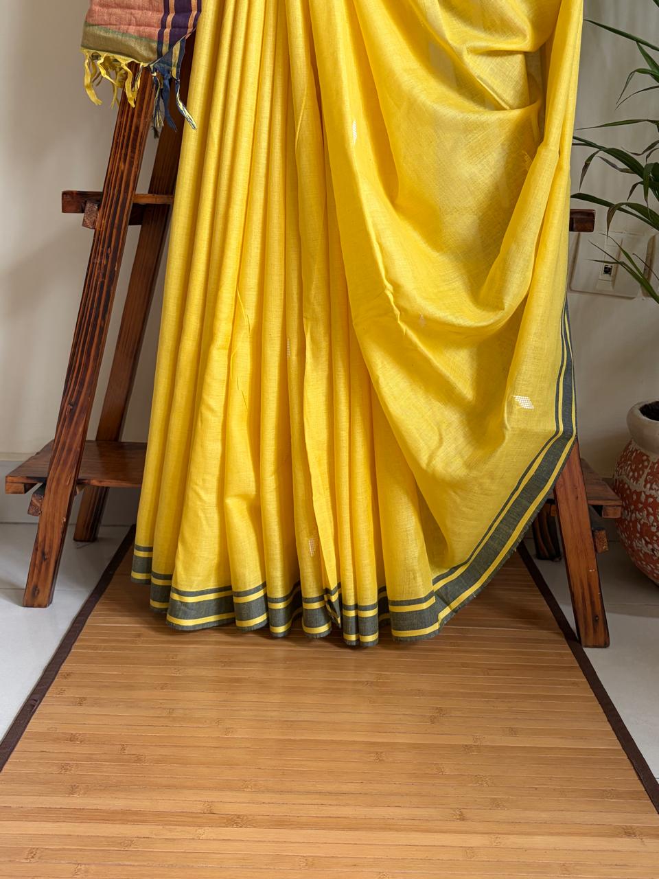 100 Pure Cotton Handloom Saree with woven buttis - Yellow