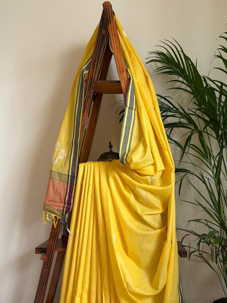 100 Pure Cotton Handloom Saree with woven buttis - Yellow
