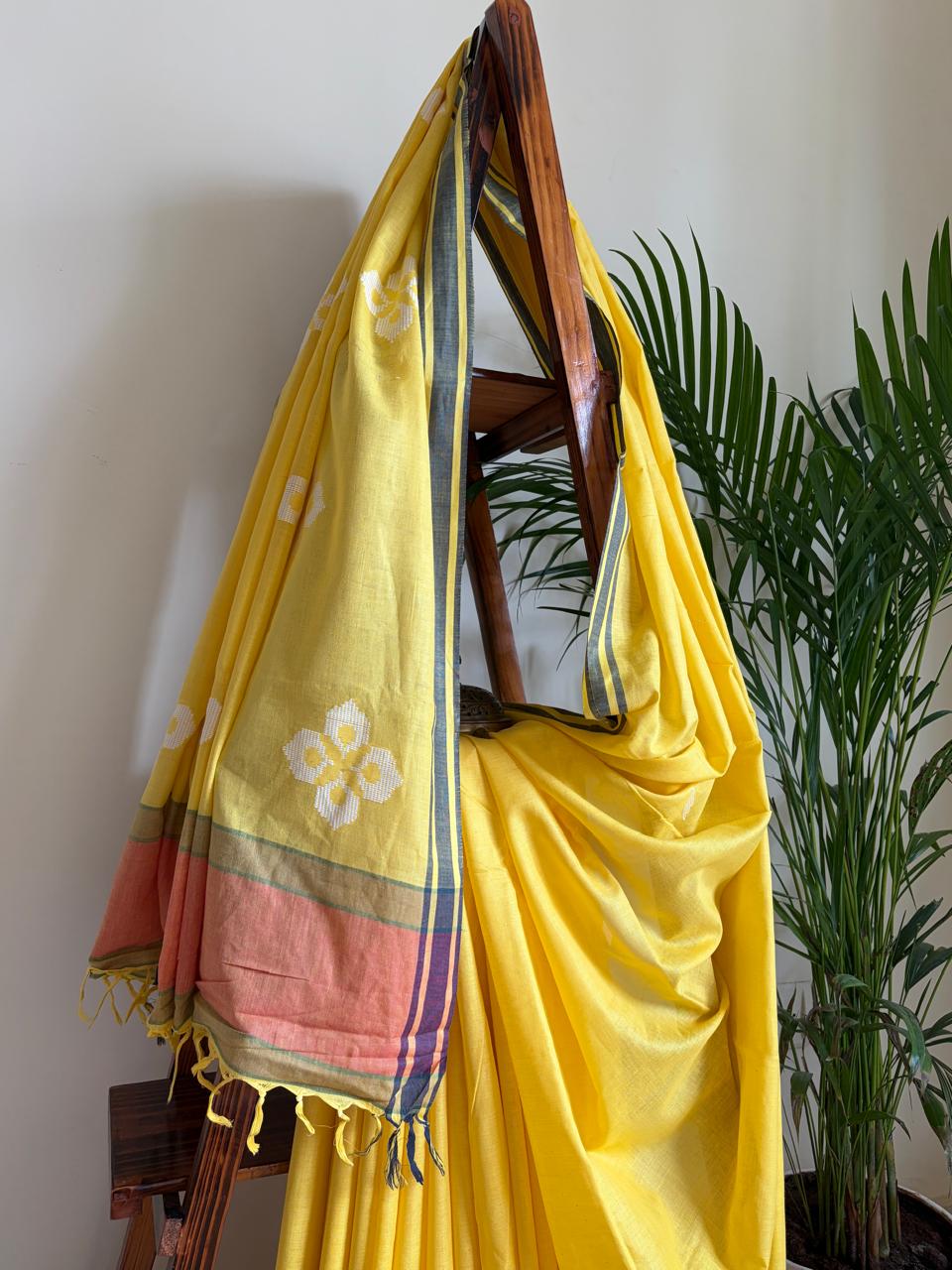 100 Pure Cotton Handloom Saree with woven buttis - Yellow