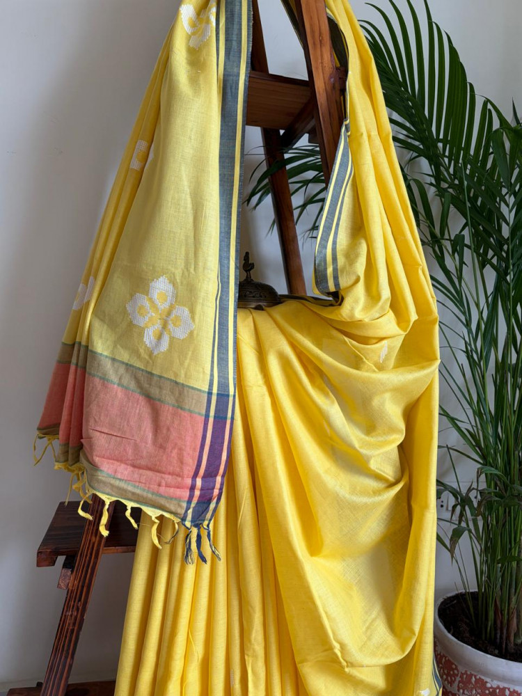 Image of 100% Pure Cotton Handloom Saree with woven buttis - Yellow