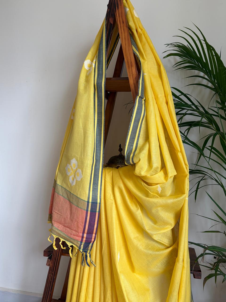 100 Pure Cotton Handloom Saree with woven buttis - Yellow