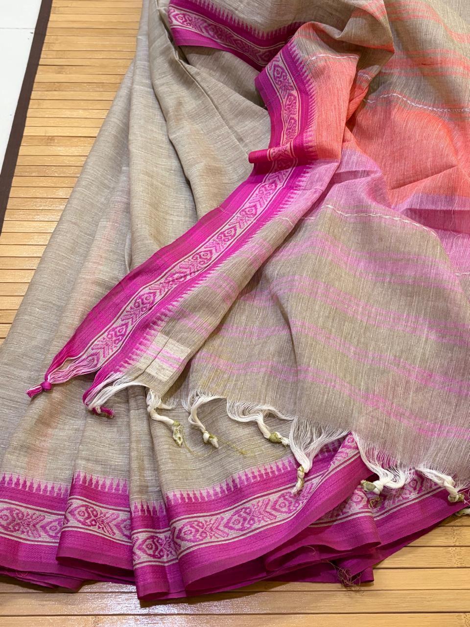 Handwoven Pure Bengal Cotton Saree - Beige