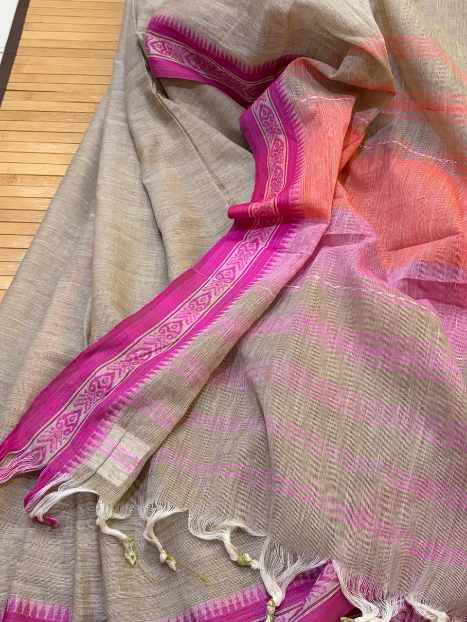 Handwoven Pure Bengal Cotton Saree - Beige