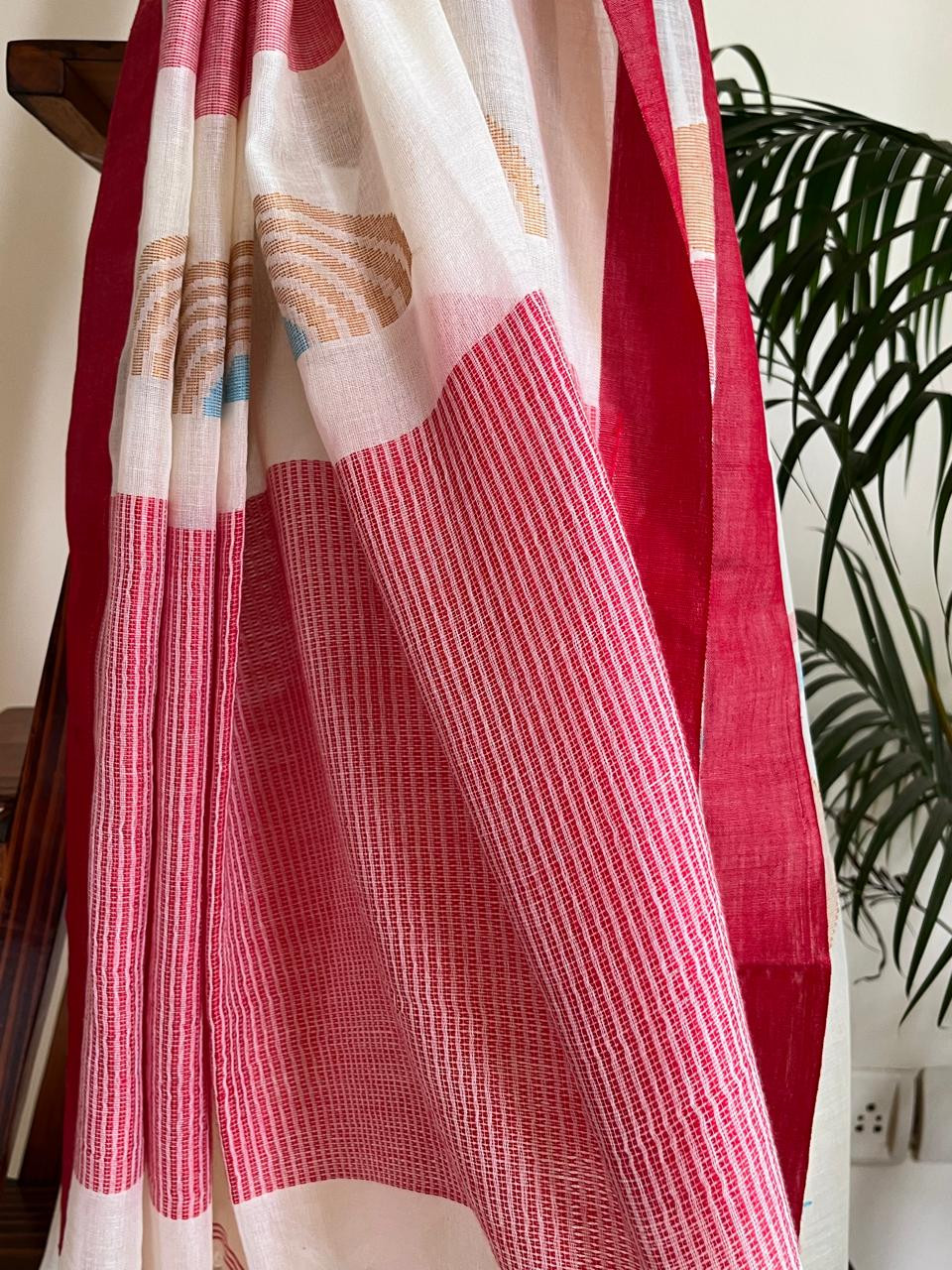 Beautiful Pure Bengal Cotton Saree with Handloom Saree - White