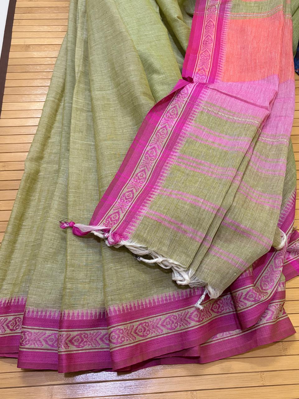 Handwoven Pure Bengal Cotton Saree - Tea Green