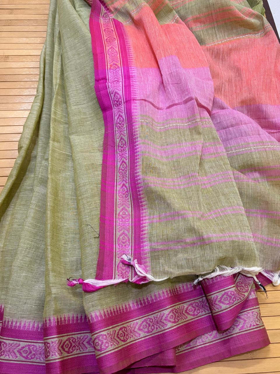 Handwoven Pure Bengal Cotton Saree - Tea Green