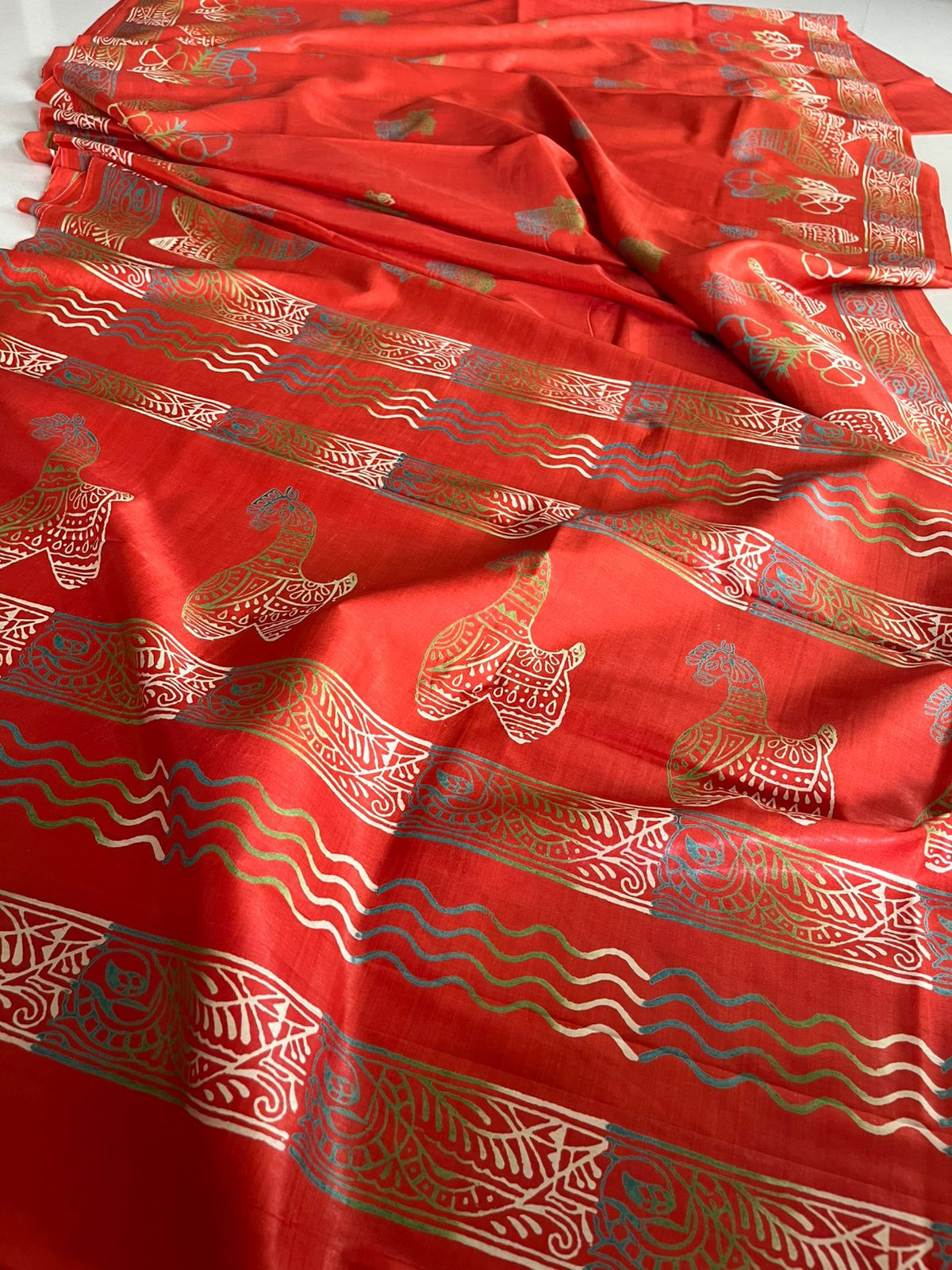 Bhishnupuri Pure Silk Saree with Handblock Print - Orange