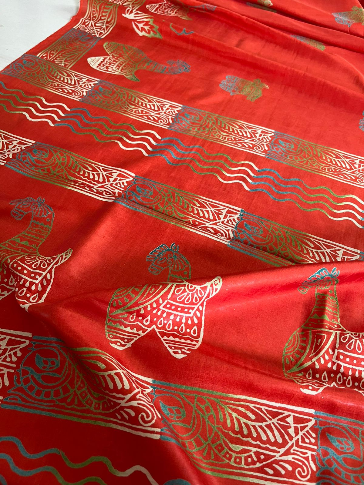 Bhishnupuri Pure Silk Saree with Handblock Print - Orange