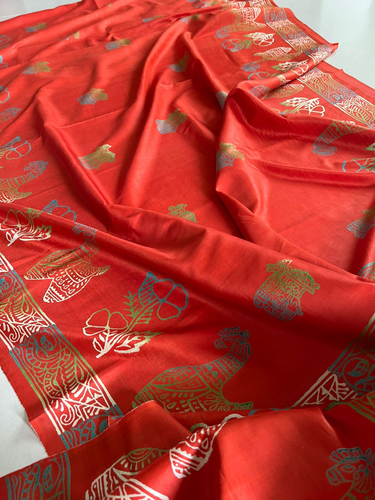 Bhishnupuri Pure Silk Saree with Handblock Print - Orange