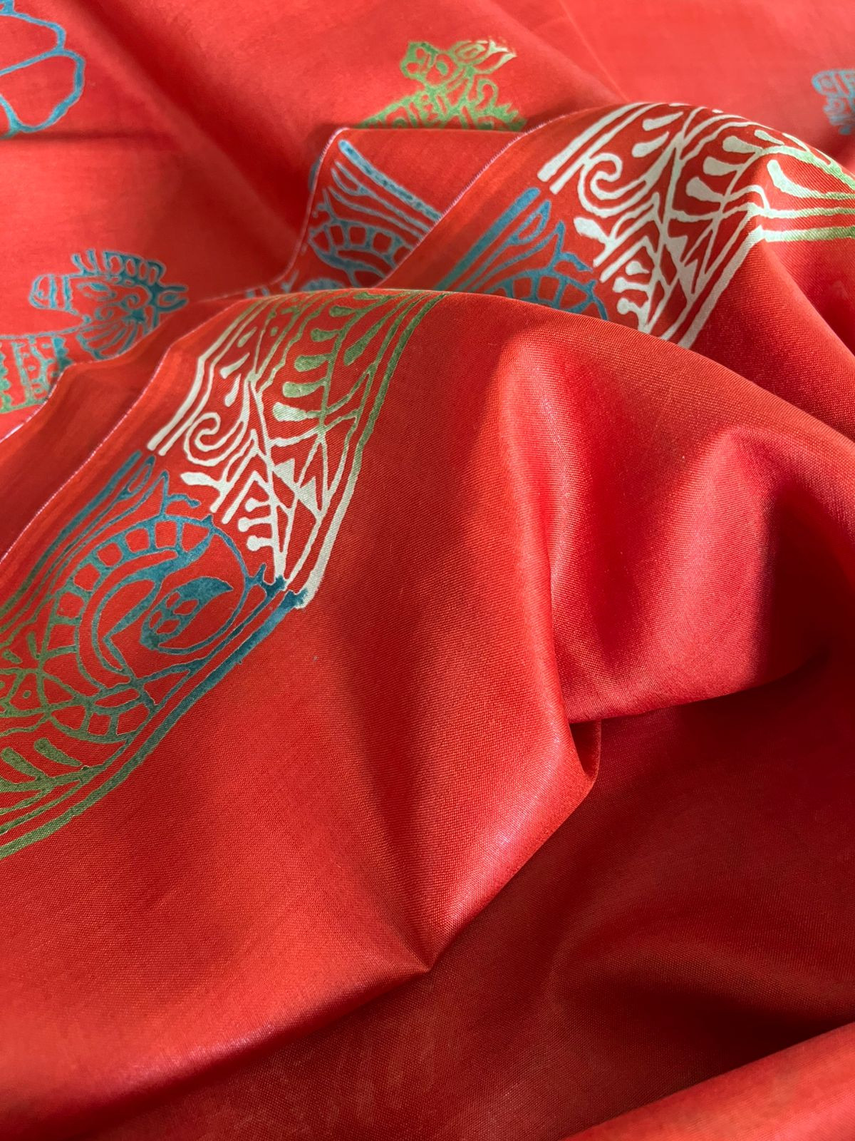 Bhishnupuri Pure Silk Saree with Handblock Print - Orange