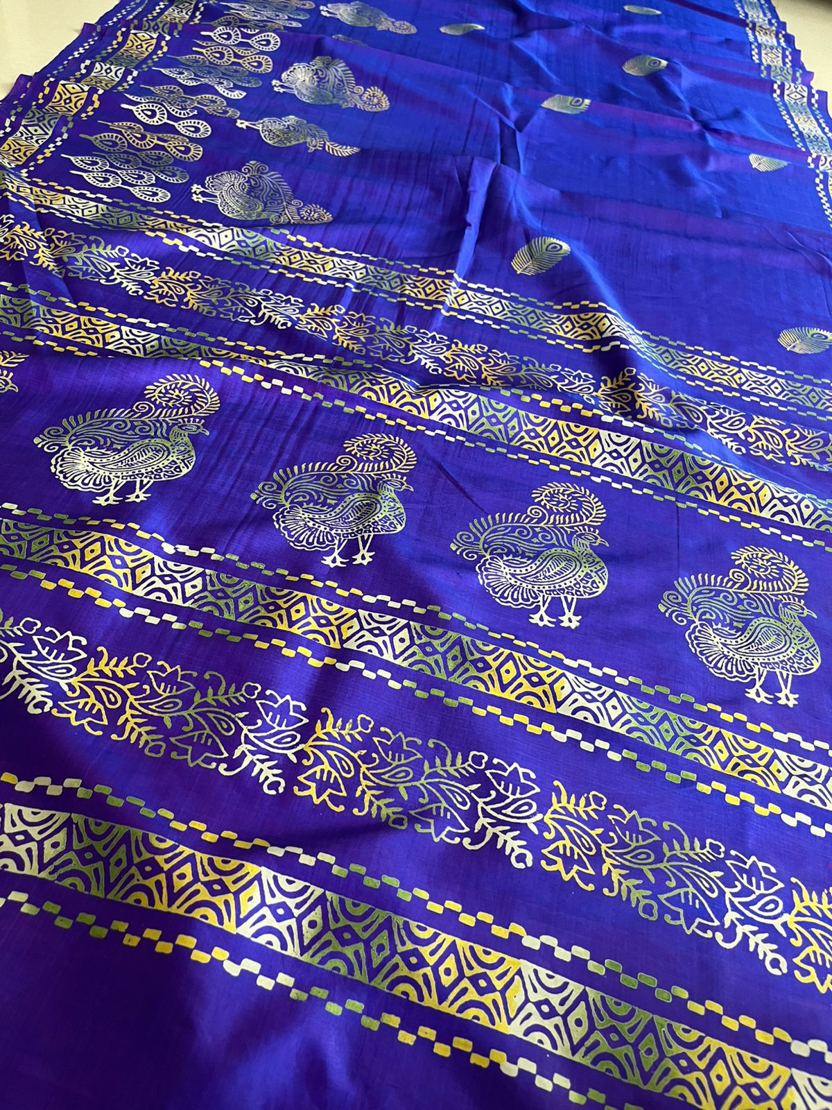 Bhishnupuri Pure Silk Saree with Handblock Print - Imperial Blue