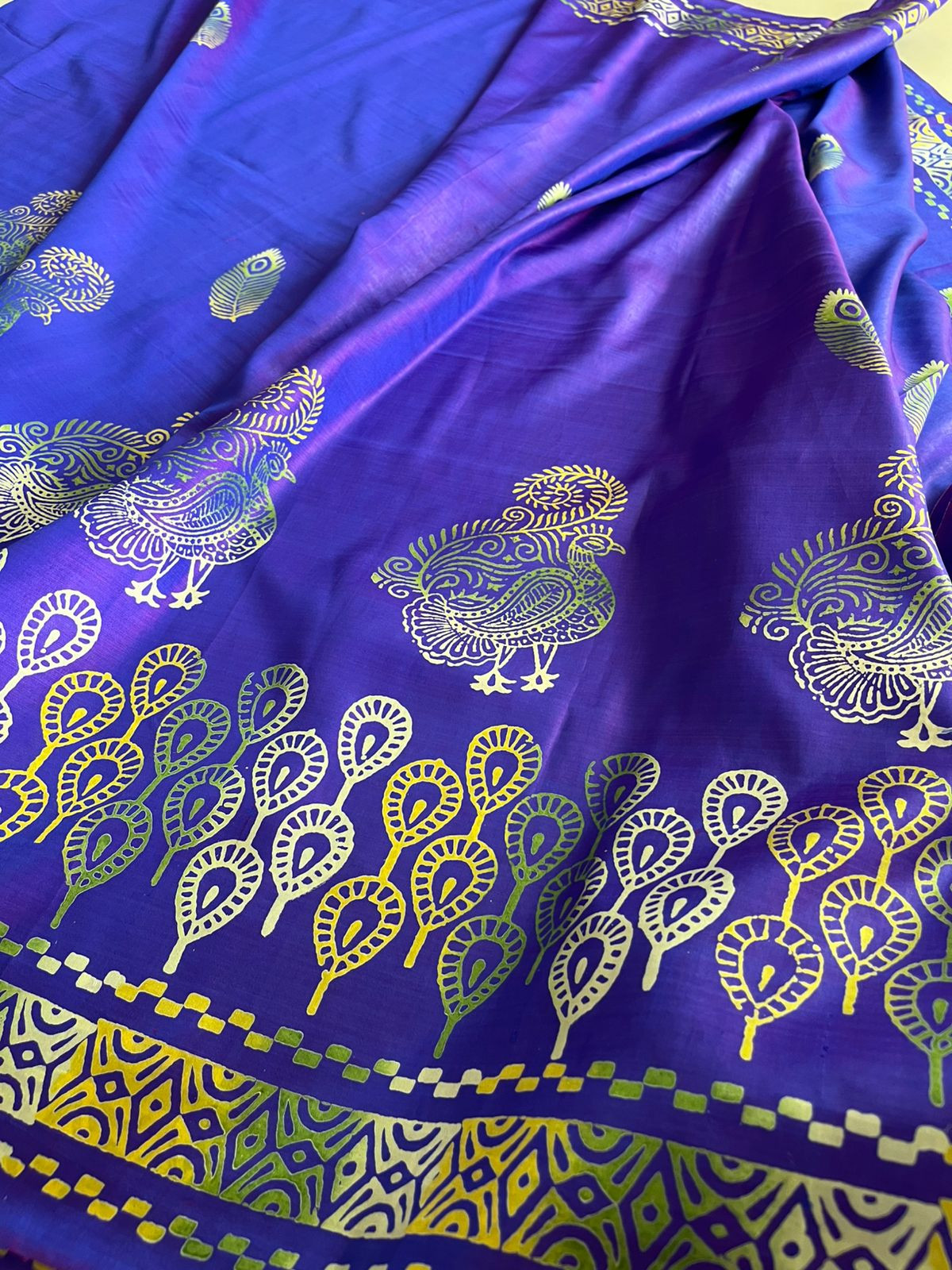 Bhishnupuri Pure Silk Saree with Handblock Print - Imperial Blue
