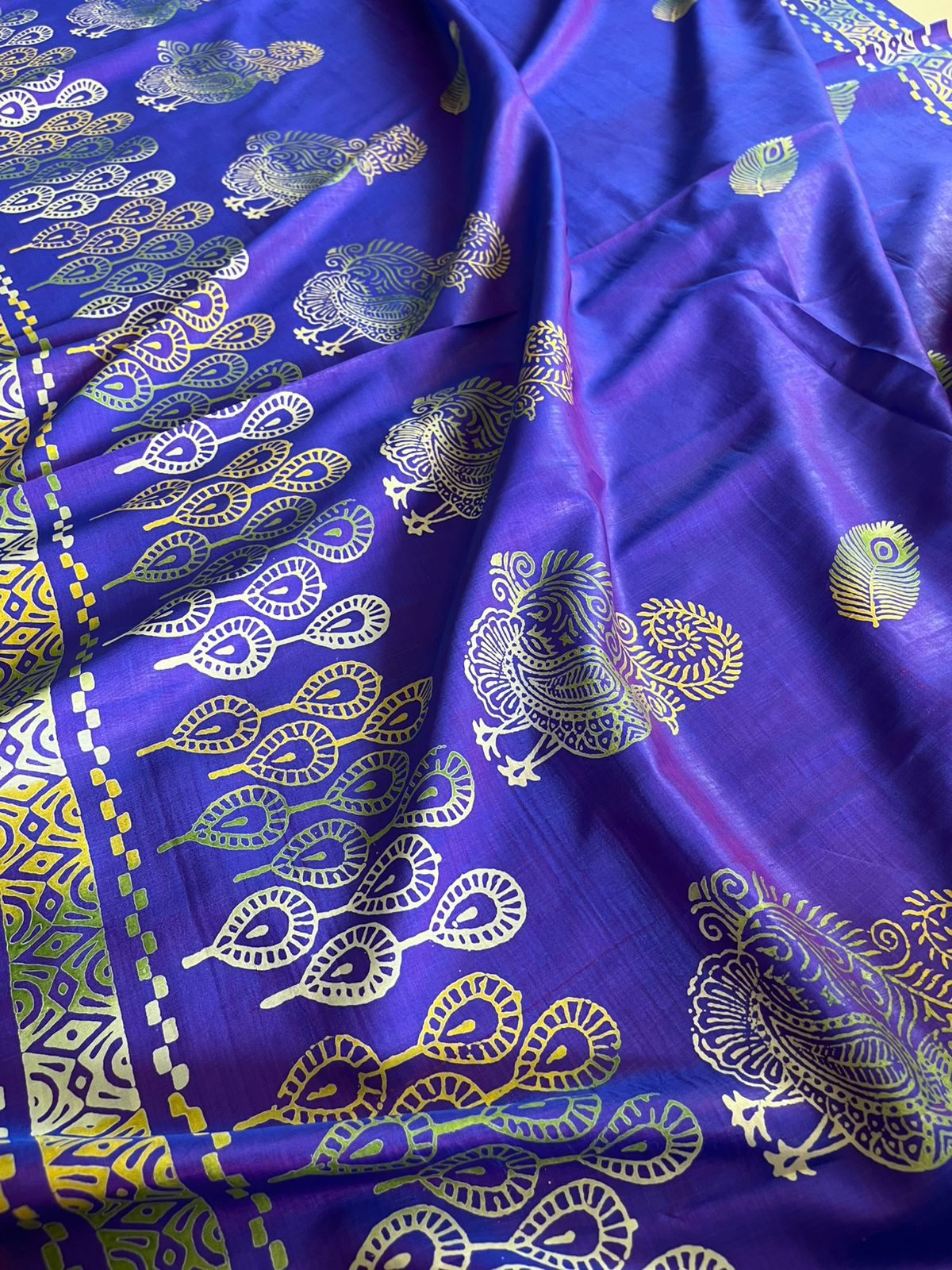 Bhishnupuri Pure Silk Saree with Handblock Print - Imperial Blue
