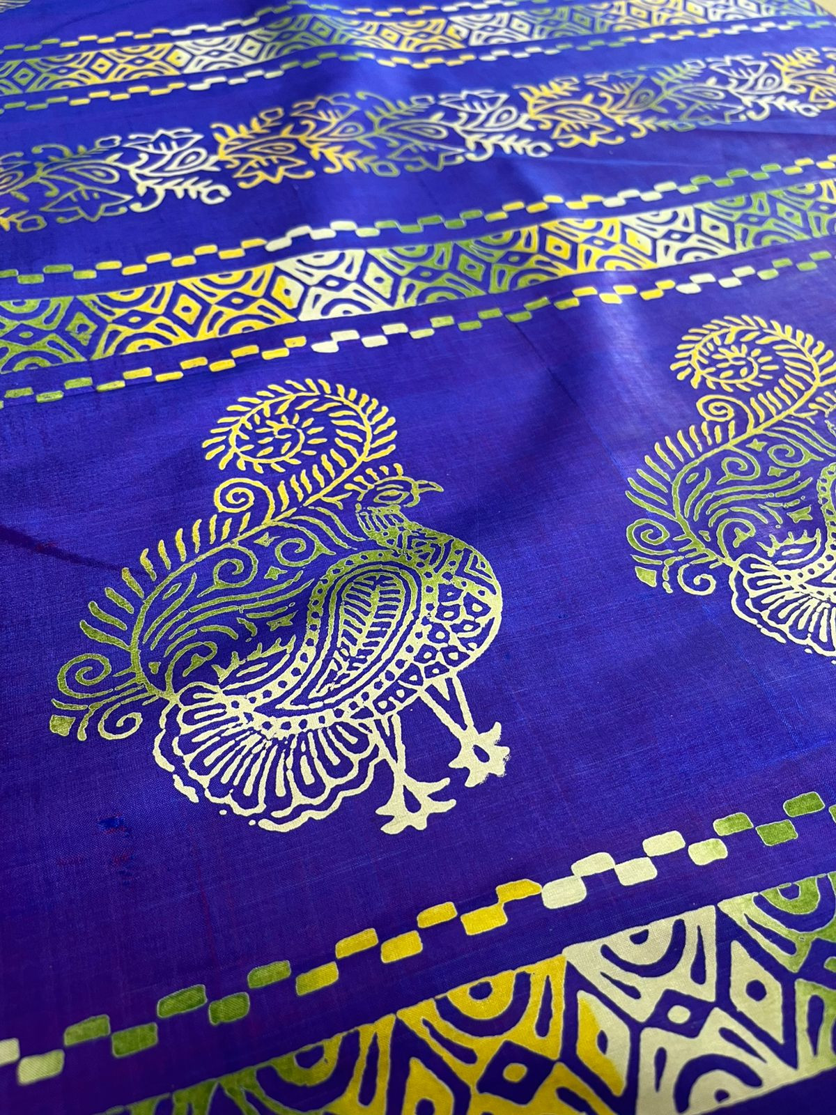 Bhishnupuri Pure Silk Saree with Handblock Print - Imperial Blue